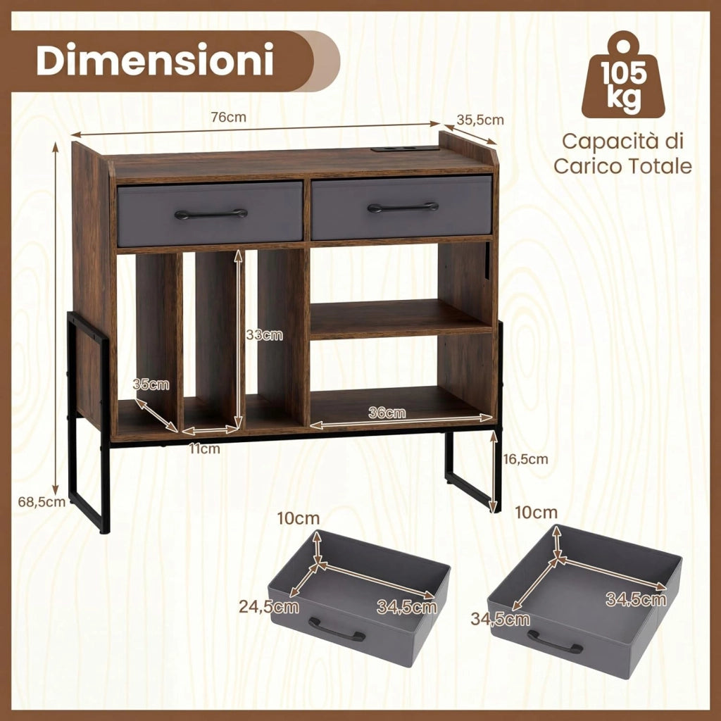 Supporto per Giradischi in Vinile, Mobile per Giradischi con Stazione di Ricarica, 2 Cassetti Rimovibili in Tessuto e Ripiano Regolabile, Supporto Porta Dischi Vinile per Soggiorno, Studio