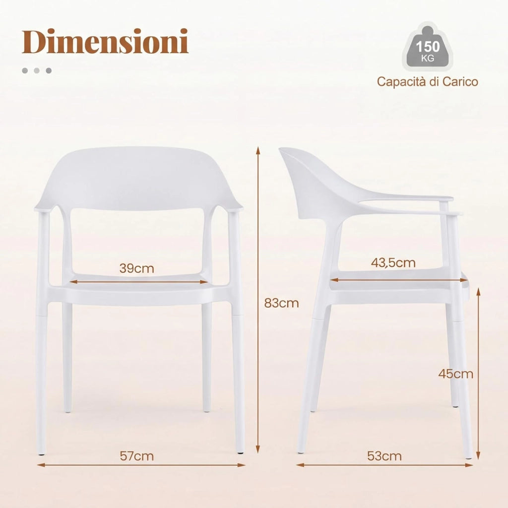 Sedia da Pranzo in Plastica, Sedia da Cucina Ergonomica con Schienale Cavo e Braccioli Comodi, Portata 150 kg, Poltrona da Tavolo Impilabile per Soggiorno, Ufficio e Sala da Pranzo (Bianco,4)