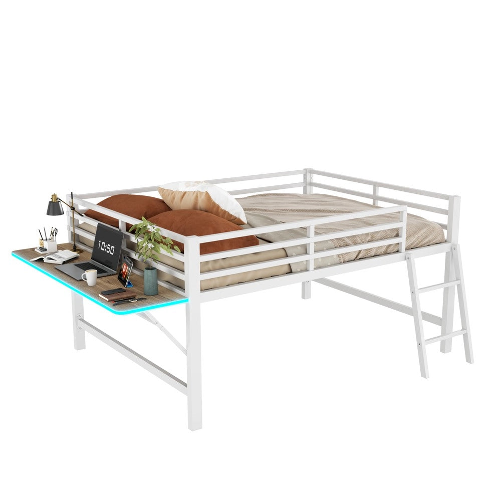 Letto a Soppalco con Scrivania e LED ¨C MINIMAL ¨C Metallo Bianco 140x200