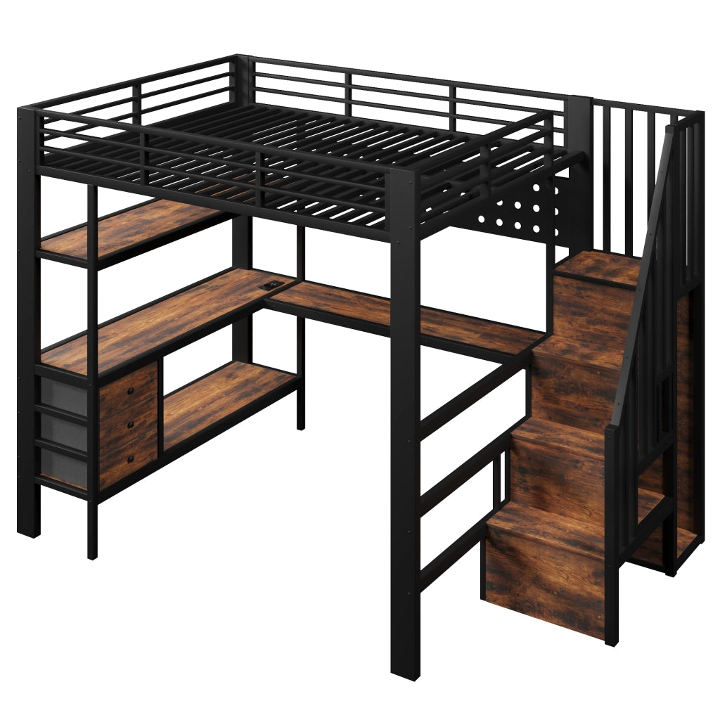 Letto a Soppalco con Cassetto, Tavolo, LED e Presa ¨C MINIMAL ¨C Metallo Nero 140x200