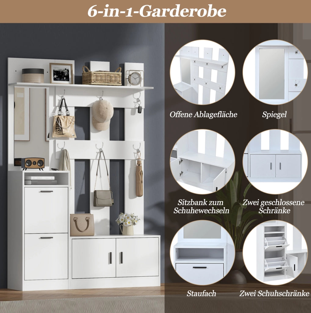 Garderoba ingresso multifunzione 120x30x180 cm con specchio; scarpiera ribaltabile e 6 ganci; bianco