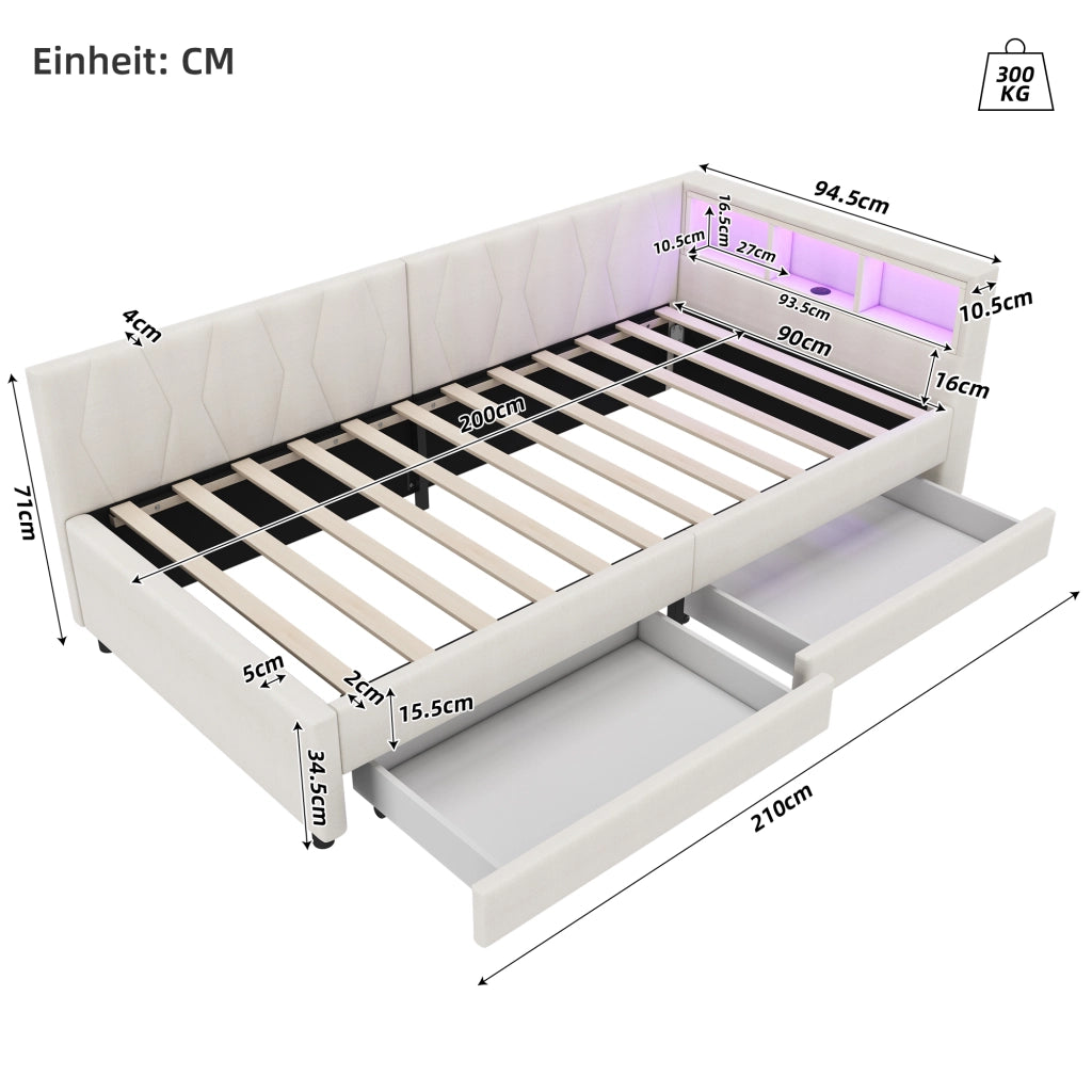 OKWISH Letto a Divanetto 90×200 cm, Letto Singolo con 2 Cassetti, USB, Tipo C e LED Regolabile, senza Materasso, in Lino, Beige