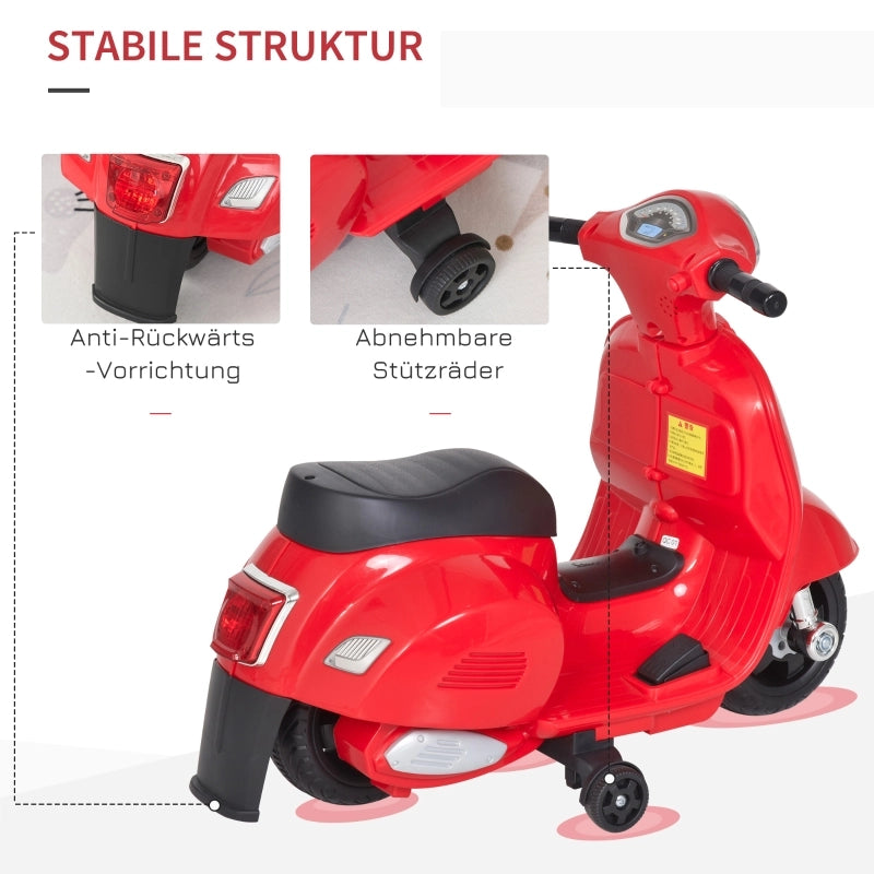 Vespa, moto elettrica per bambini, con luci a LED e suoni, adatta a bambini dai 18 ai 36 mesi, colore rosso.