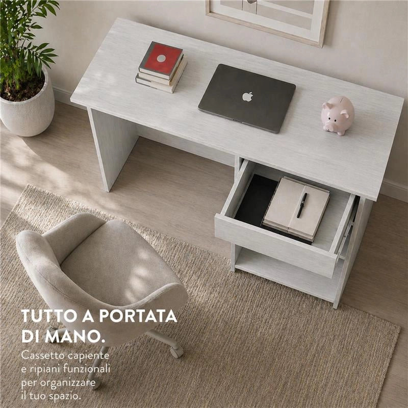 SCRIVANIA PER UFFICIO O CAMERA IN MDF COLOR BIANCO LEGNO CON CASSETTO E RIPIANI MISURE 88X45X75CM