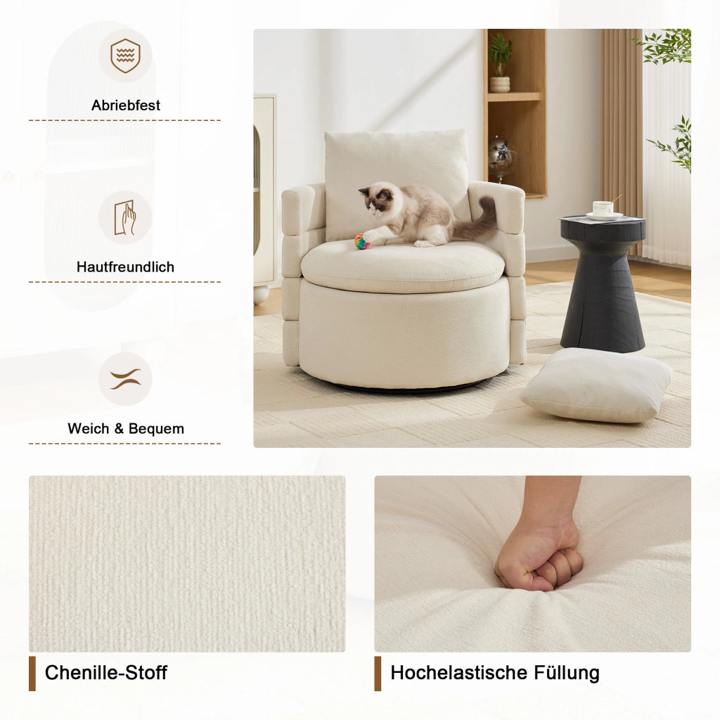 POLTRONA girevole 360° con contenitore nascosto 72 x 66,5 x 76 cm Chenille Avorio