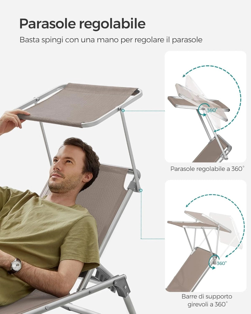 SONGMICS Lettino Prendisole, Sedia a Sdraio Pieghevole in Alluminio, con Parasole e Schienale Reclinabile, 193 x 55 x 31 cm, Max Portata 150 kg, per Terrazzo Piscina Giardino, Tortora GCB19BR
