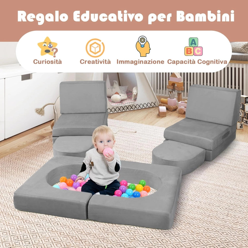 Divano Giocattolo per Bambini a 8 Pezzi, Divano Modulare per Bambini in Schiuma con Tessuto Suede, Poltrone per Bambini per Stanze da Gioco, Camere da Letto, Soggiorno (Grigio)