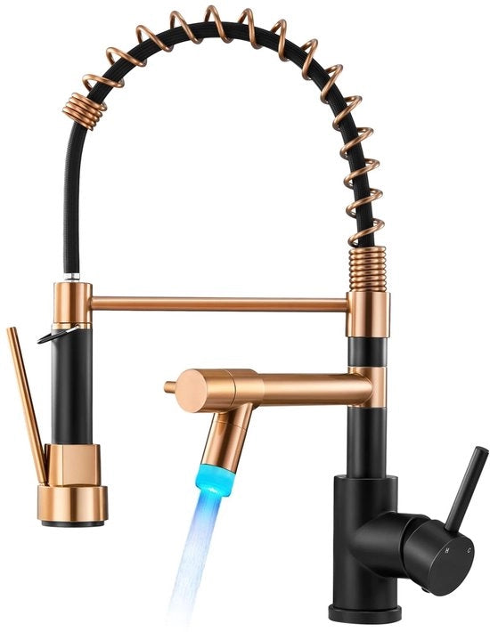 Keuzeriduttore LED Professionale per cucina, 360° Rotativo con due uscite, grande arco di getto doccia cucina per docciaschiuma, nero e rosa