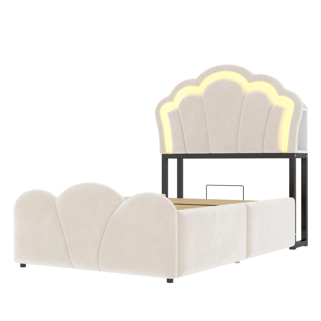 Letto imbottito 90x200 cm con vano contenitore idraulico e LED beige
