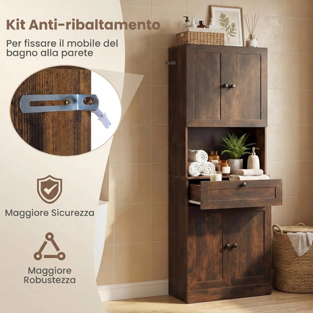 Mobile da Bagno Salvaspazio, Mobile da Terra con 4 Ante, 1 Cassetto, Vano Aperto e Ripiani Regolabili, Credenza Dispensa Cucina in Lgeno per Soggiorno e Ingresso, 60 x 35 x 171,5 cm (Marrone)