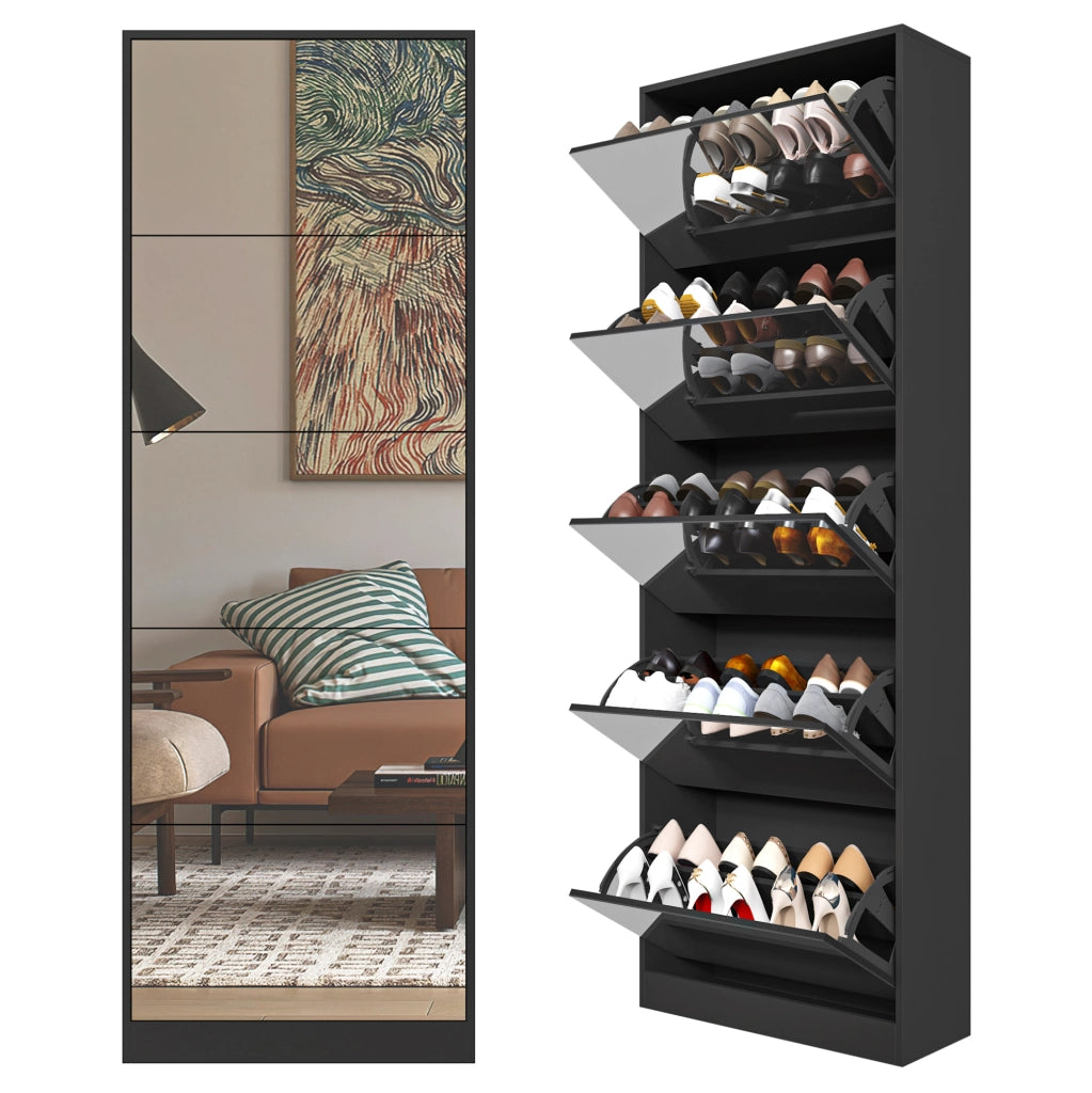 Scarpiera slim con specchio 5 ante a ribalta doppio ripiano in MDF nera 63×23;6×185 cm