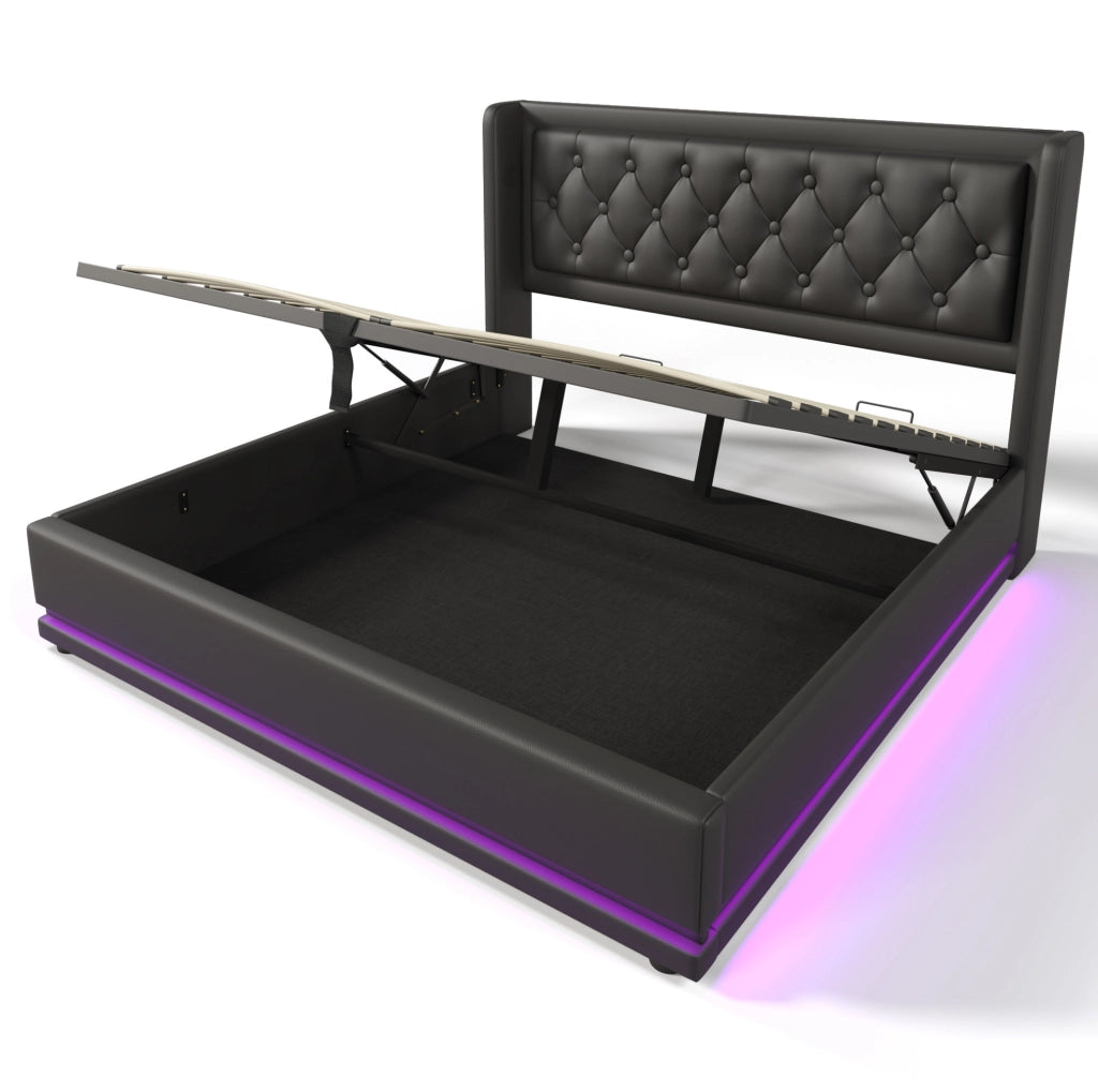 Letto imbottito 140x200 cm con contenitore, LED, USB e USB-C in PU nero
