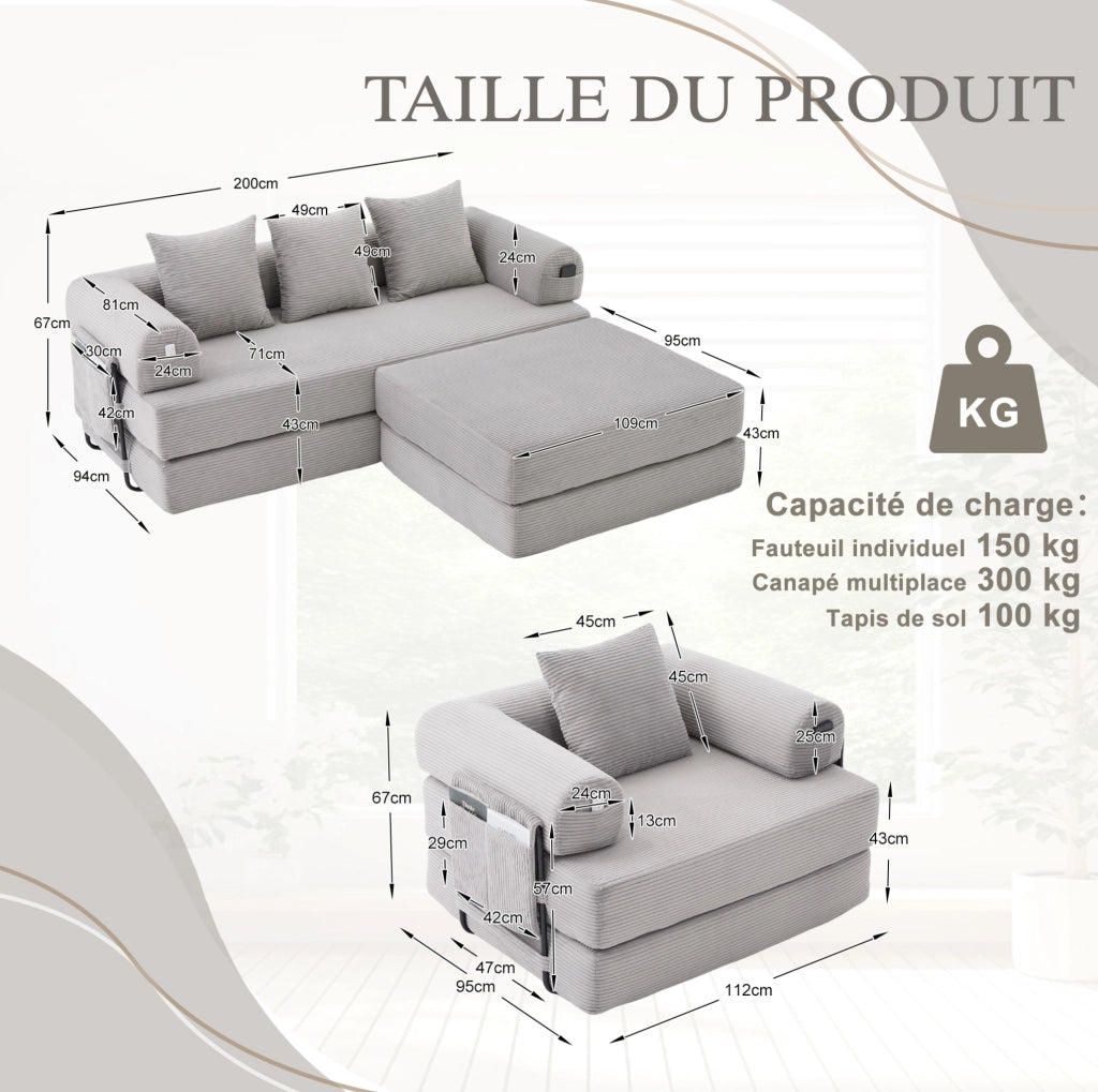 Set divano modulare ULEVR 200x190x67 cm con pouf, tasca laterale e 3 cuscini, in velluto a coste grigio chiaro