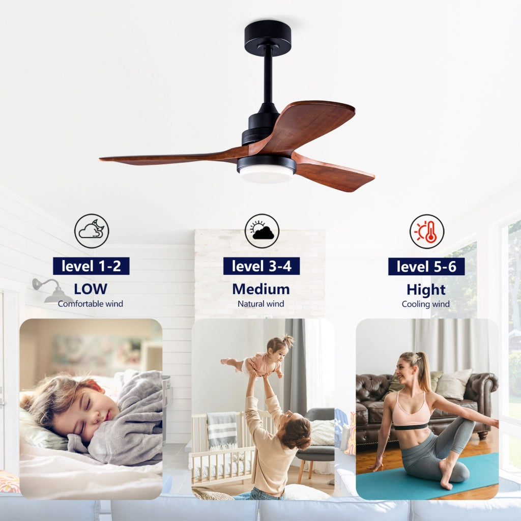 Ventilatore da soffitto con luce, motore DC reversibile, telecomando, nero e noce scuro
