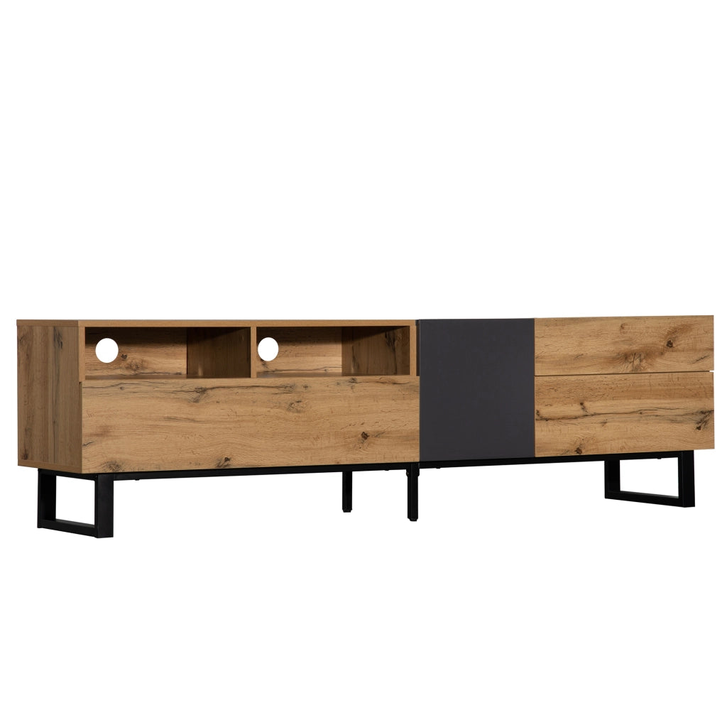 Mobile TV 180 cm con 1 anta, 2 cassetti e 2 vani contenitore, stile moderno, per soggiorno, in MDF, nero