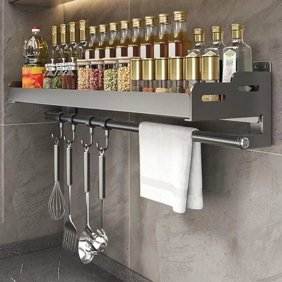 Kruidenrek da Parete - Cucina senza Forare con Cucina Rotolo Sostegno e Ganci - Metallo Inox - 50 cm