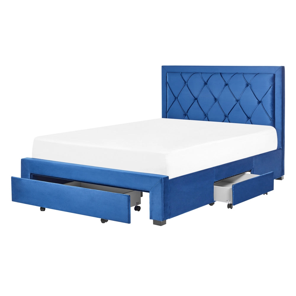 Letto contenitore tappezzeria in velluto blu 140 x 200 cm trapuntato testiera alta cassetti Glam Design