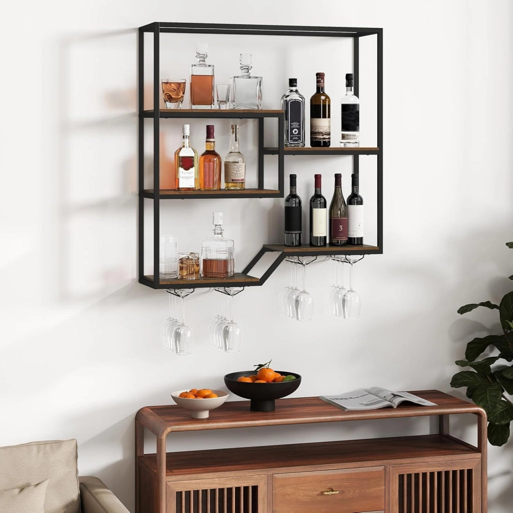 Scaffale per bottiglie di vino da parete, a 6 livelli, con 4 supporti in vetro e robusto telaio in metallo, per casa, bar, cucina, sala da pranzo e soggiorno