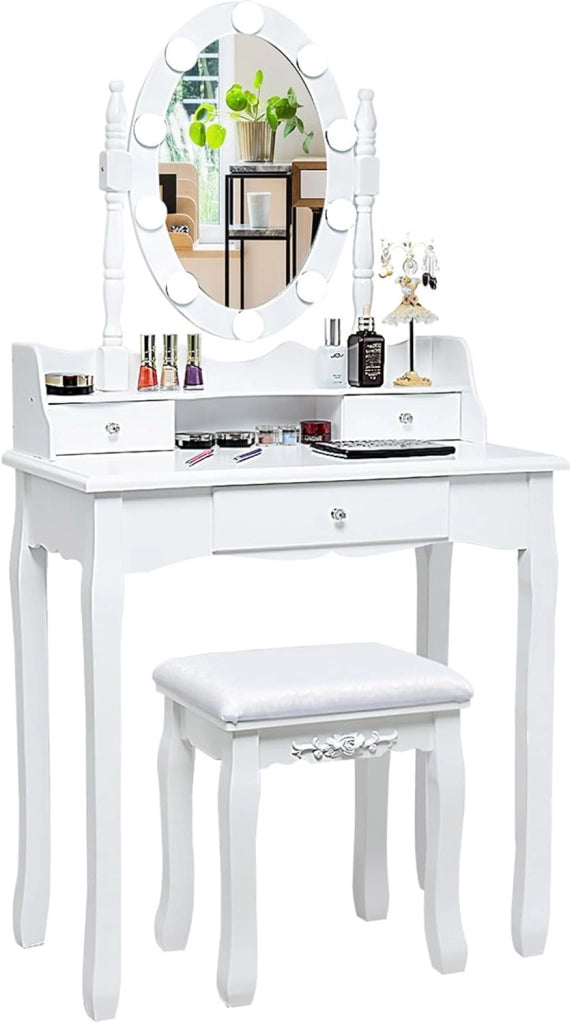 Toeletta da Trucco, Set Tavolo e Sgabello da Trucco, Specchio con 10 Luci LED, Toeletta Multifunzionale con 3 Cassetti, Specchio Rotante a 360⁰, Postazione Make-up Moderno (Bianco)