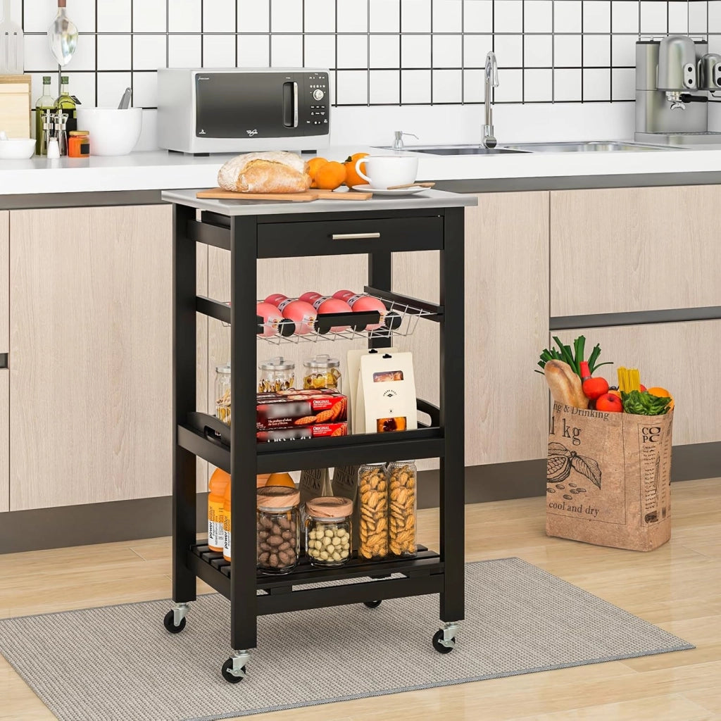 Carrello da Cucina a Rotelle con Mensole, Cassetto, Carrello di Servizio, Stile Moderno per Cucina e Soggiorno, 47x39x85 cm, Bianco/Nero (Nero)