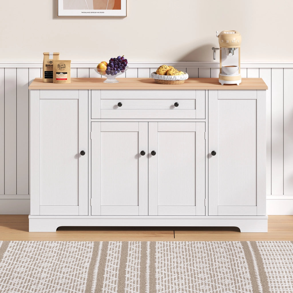 Credenza 138x40x85 cm Bianca e Legno Naturale con Cassetto; Armadietti; Ripiani Regolabili e Portaoggetti