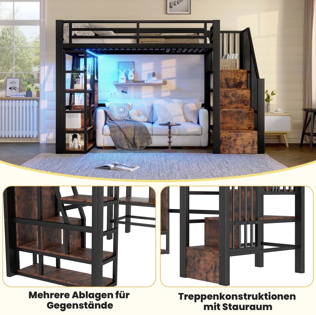 Letto a soppalco 90 x 200 cm con LED e contenitori