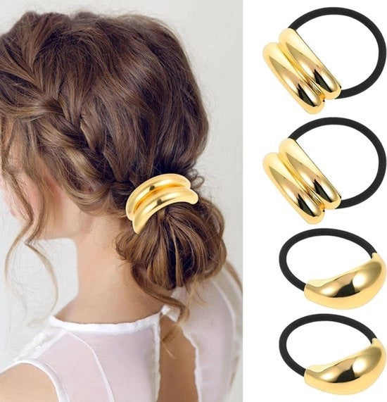 Manicotti metallici per capelli - Elastici dorati per capelli - Porta crine per cavalli - Accessori per capelli femminili - Rubanetto elastico nero - Per donne e ragazze - Diametro variabile - Set da 4 pezzi
