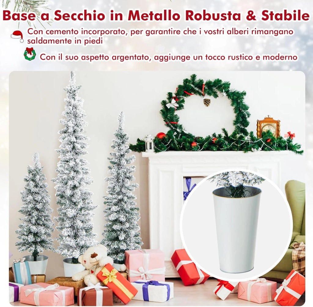 Set di 3 Alberi di Natale Artificiali da 90 CM + 120 CM + 150 CM | Alberi di Natale Slim Innevati con 120 + 140 + 160 Punte di Rami e Barili di Metallo Riempiti di Cemento