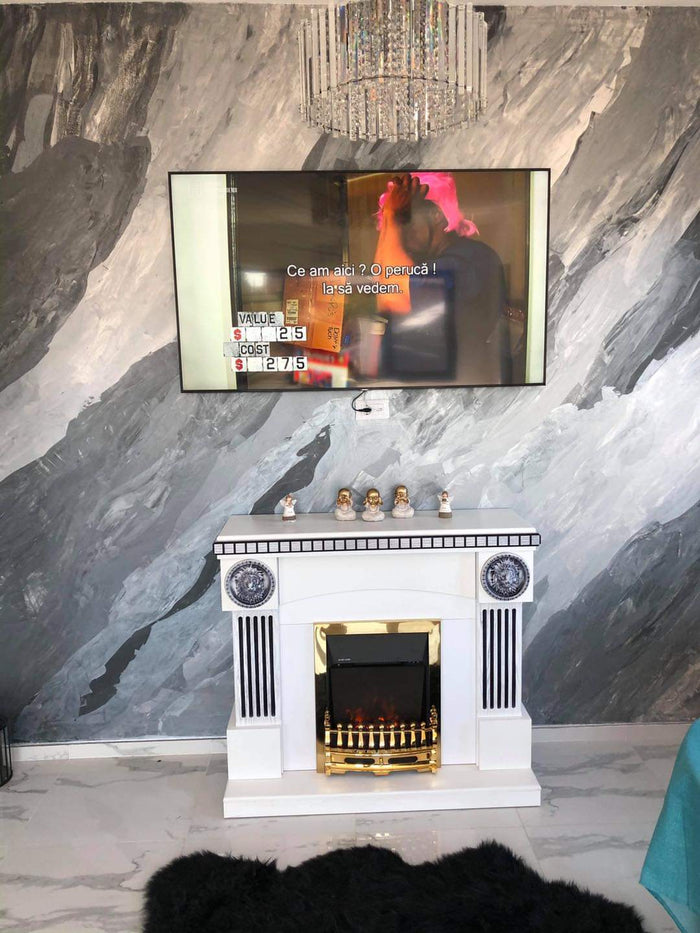 Camino Elettrico da Pavimento 105x120x33 cm Effetto Fiamma 2000W Prometeo & Galileo Gold Bianco/nero