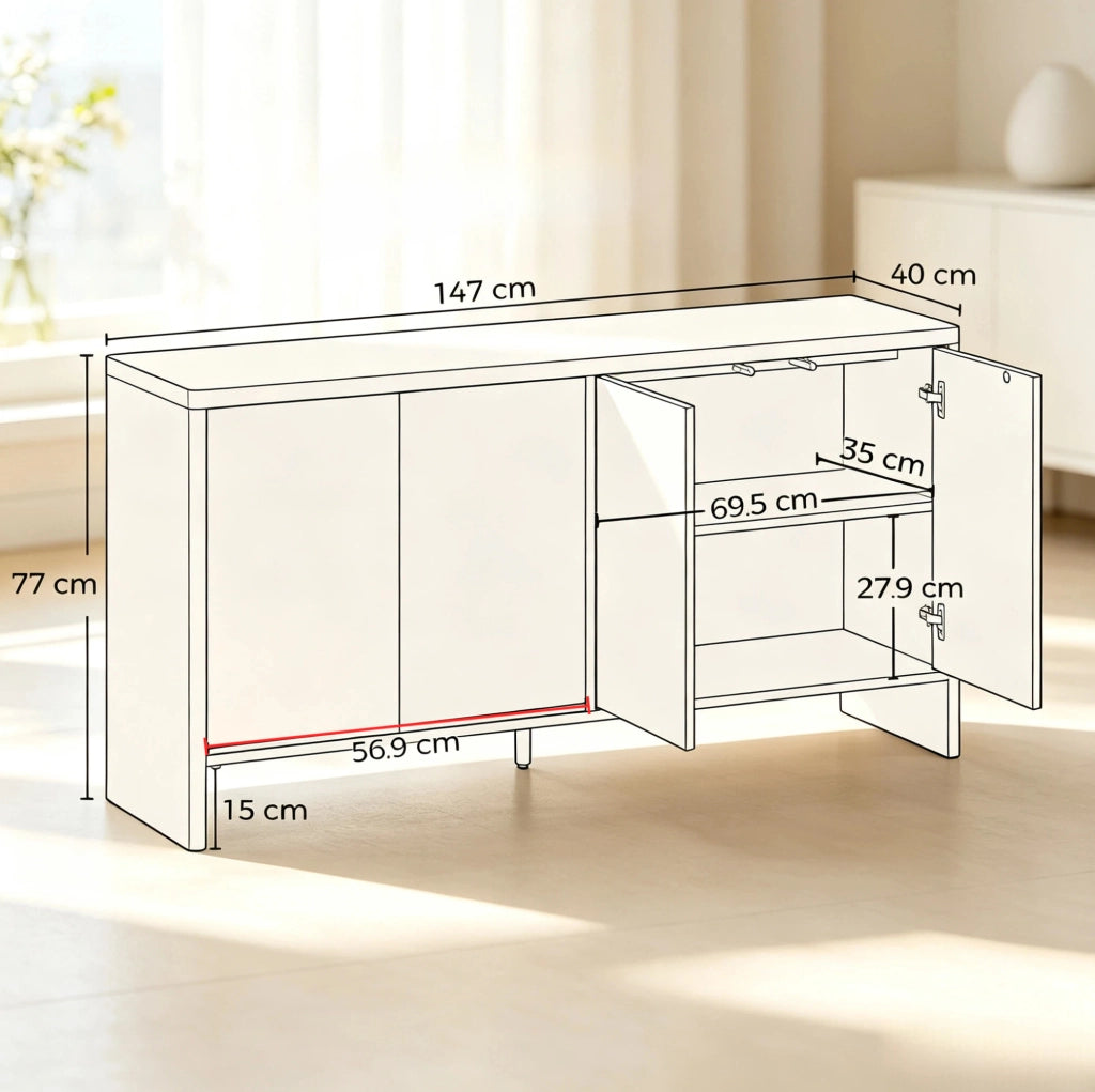 Sideboard in rovere con ante push-to-open, 147x40x77 cm, design contemporaneo