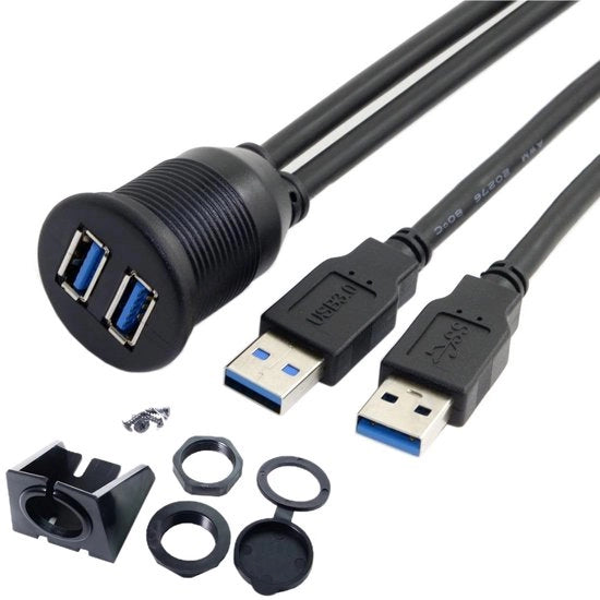 Cavo di alimentazione per auto con doppia porta USB 3.0 - Estensione autoadesiva - 2m - Impermeabile - Adatto per il cruscotto - Elevata prestazione - Nero