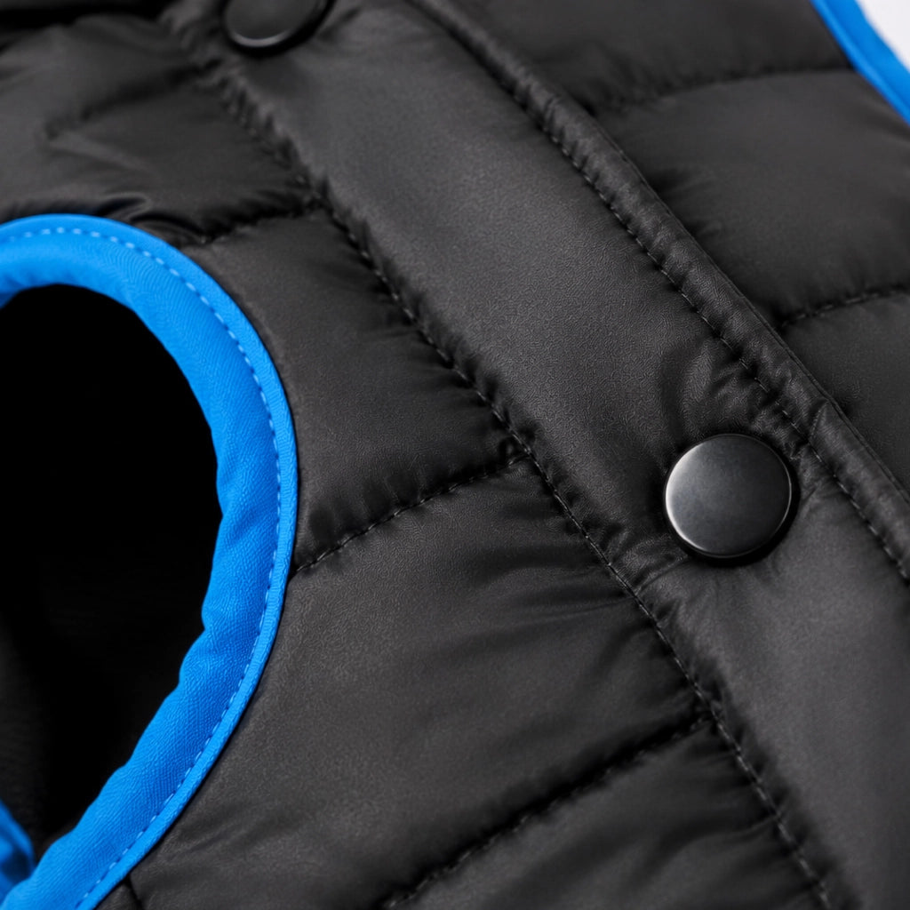 Cappottino Imbottito per Cani con Collo Alto Antivento, Giubbotto Invernale Trapuntato con Chiusura a Bottoni, Giacca Calda e Leggera per Cani di Piccola, Media e Grande Taglia, Nero con Profili Blu  Nero - L