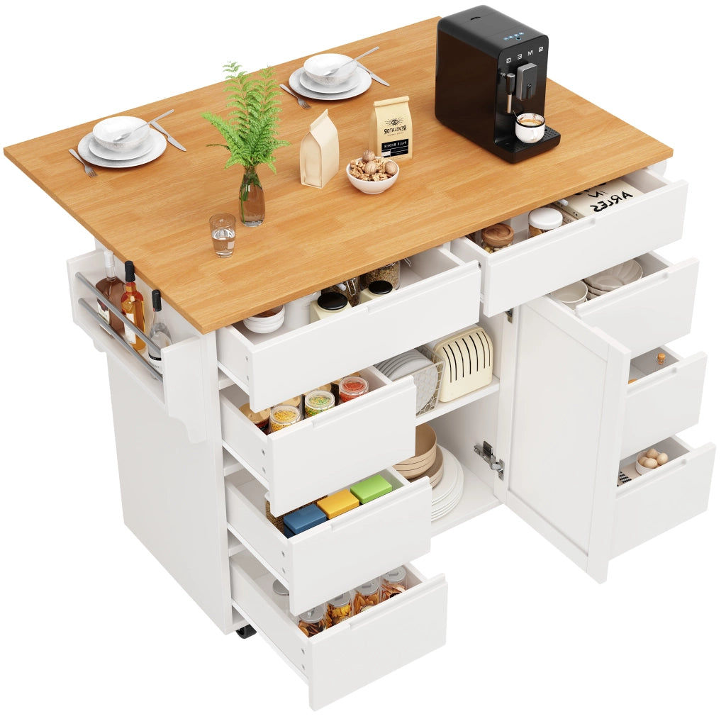 Carrello da cucina con 8 cassetti; armadietto; piano ribaltabile e ruote; MDF; 122 x 46 x 91;5 cm; bianco