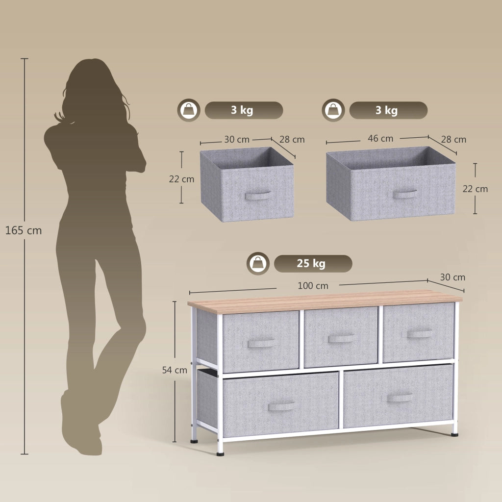 Cassettiera Tessuto 5 Cassetti ¨C Zephmum ¨C Grigio 100x30x54 cm