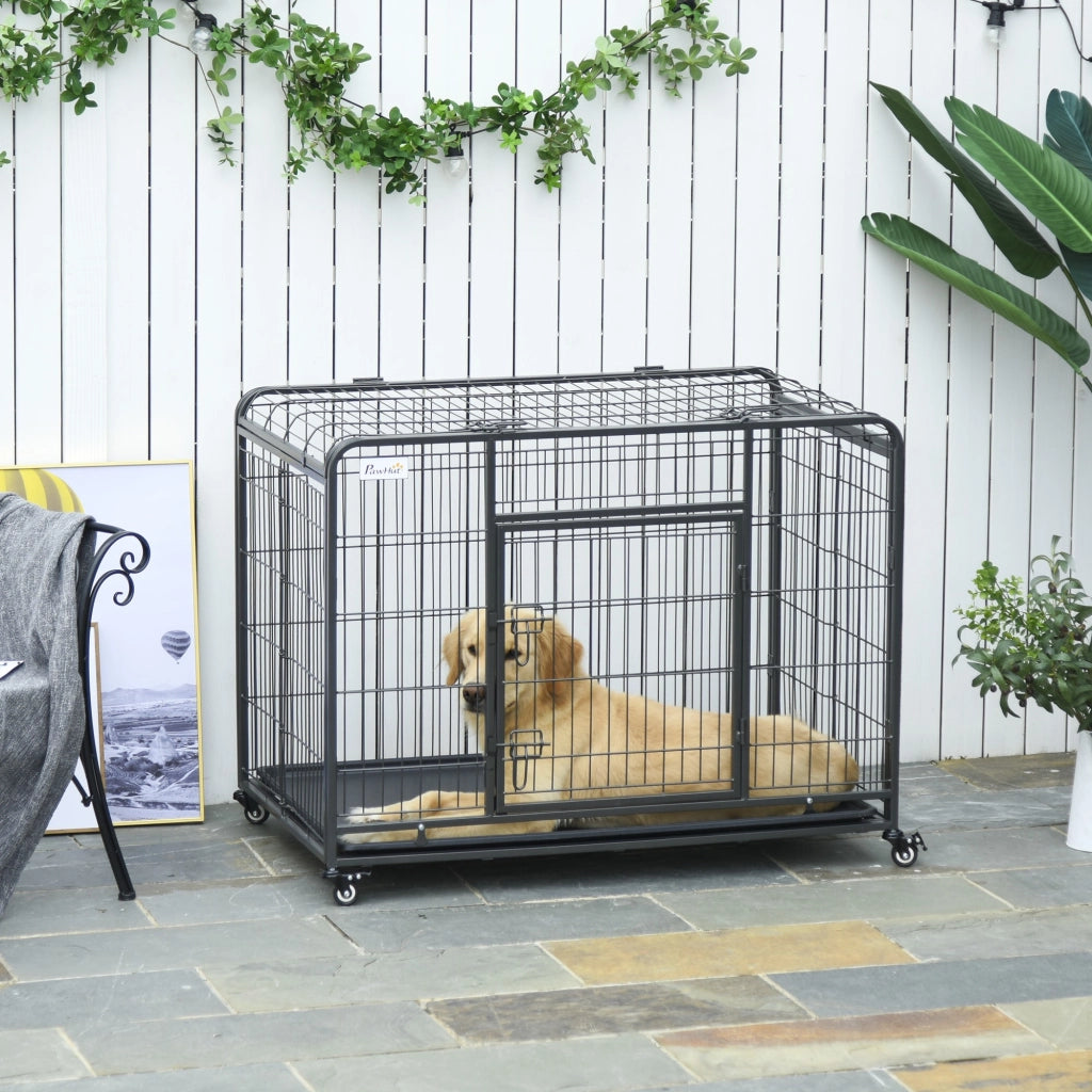 EasyComfort Kennel Gabbia per Cani Pieghevole Doppia Porta con Blocco 4 Ruote con Freno e Fondo Rimovibile, 109.5x71x78cm