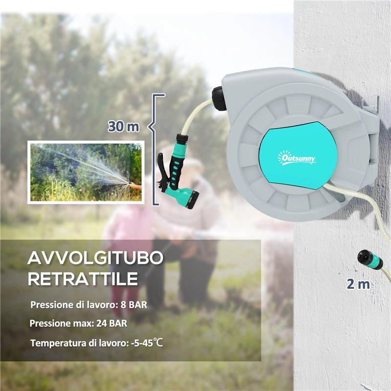 AVVOLGITUBO AUTOMATICO A PARETE E PORTATILE LUNGHEZZA 30+2 MT SISTEMA DI BLOCCO E 7 GETTI GRIGIO