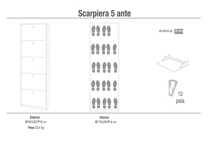 Scarpiera 5 Ante 63x190x18 cm Olmo Chiaro