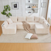 Divano modulare a U con portabicchieri, tasca laterale e cuscini in tessuto cord beige 320 × 155 × 88 cm