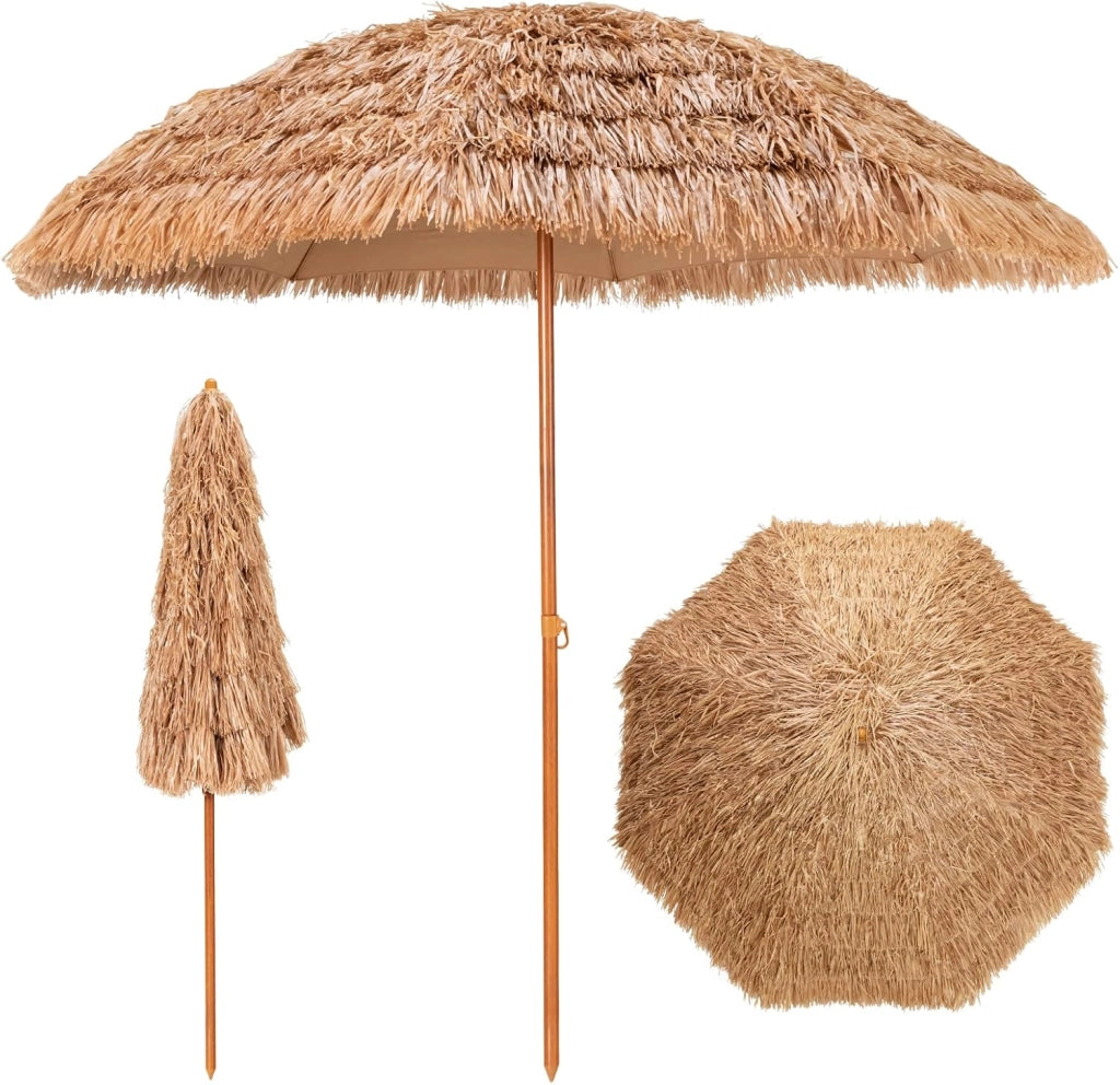 Ombrellone da Spiaggia 205 cm, Ombrellone di Paglia con 8 Stecche, Parasole Hawaiano in Paglia PP a 7 Livelli, per Spiaggia Giardino Piscina