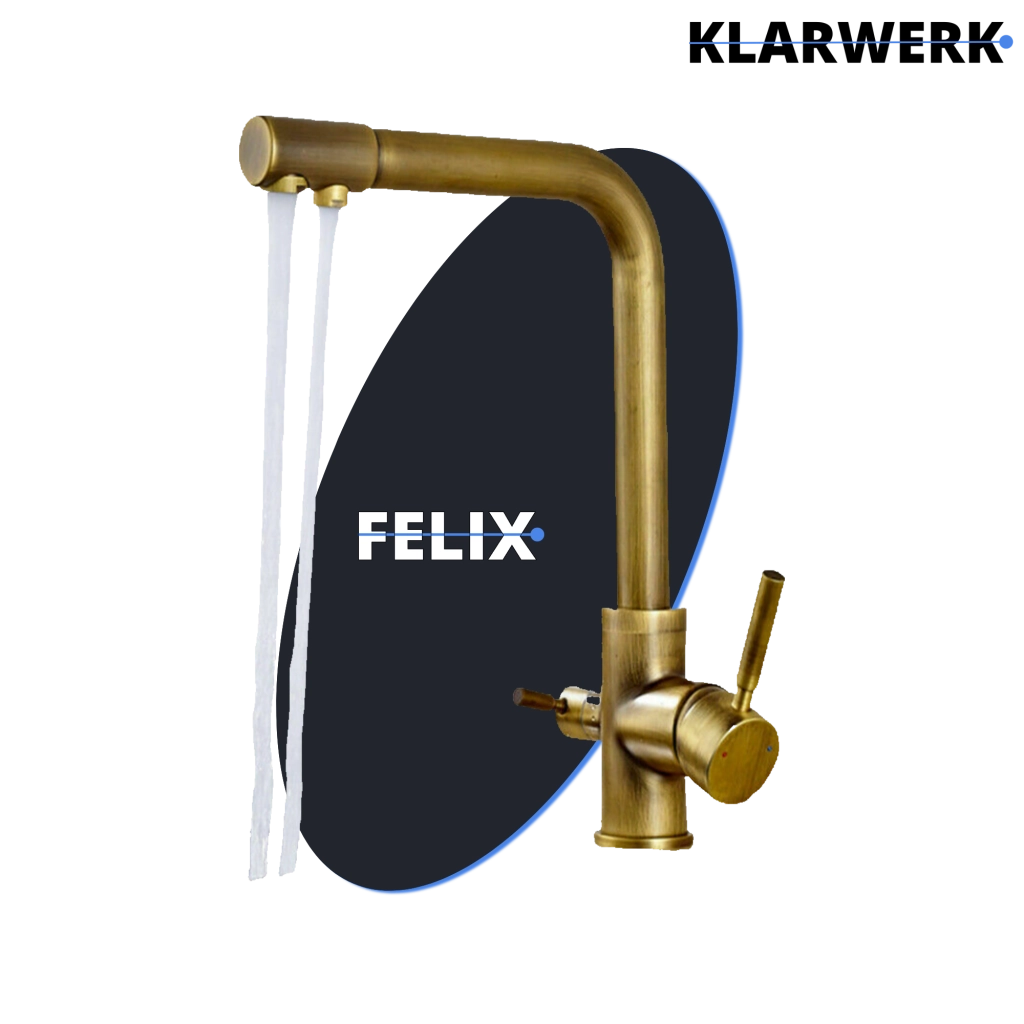 Felix |rubinetto a 3 vie in ottone dorato retrò per l'acqua potabile|osmosi vintage in acciaio inox la cucina|miscelatore - 360° filtro 3 connessioni