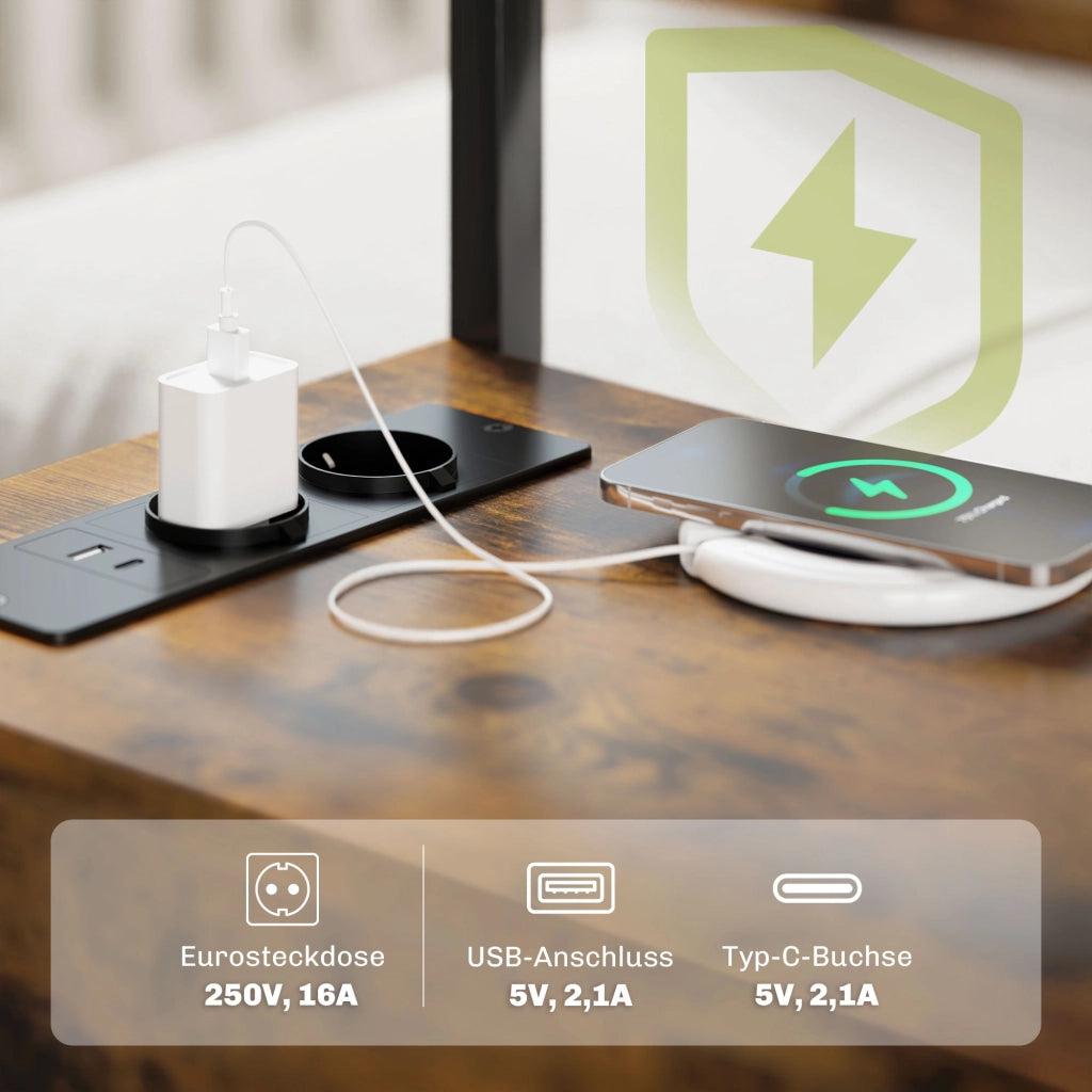 Tavolino da soggiorno con stazione di ricarica, USB, cassetti e ripiano ¨C Zephmum ¨C Grigio 50x50x50