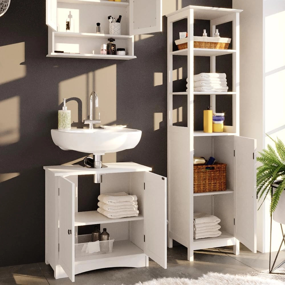 Set mobili bagno Bianco, Bianco, 60 cm, composto da mobile sottolavabo, specchiera e colonna alta