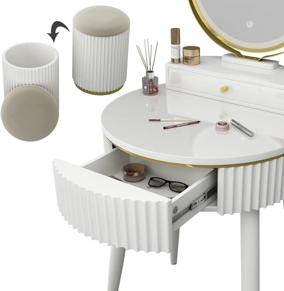 Tavolo da toilette Gesa, Bianco, 60 cm con specchio a LED in 3 tonalità di bianco, dimmerabile, inclusa panca e controllo touch per illuminazione LED