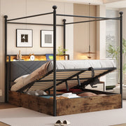 Letto matrimoniale multifunzionale 140x190 cm in metallo nero con baldacchino rimovibile, LED smart, USB/Type-C e contenitore idraulico