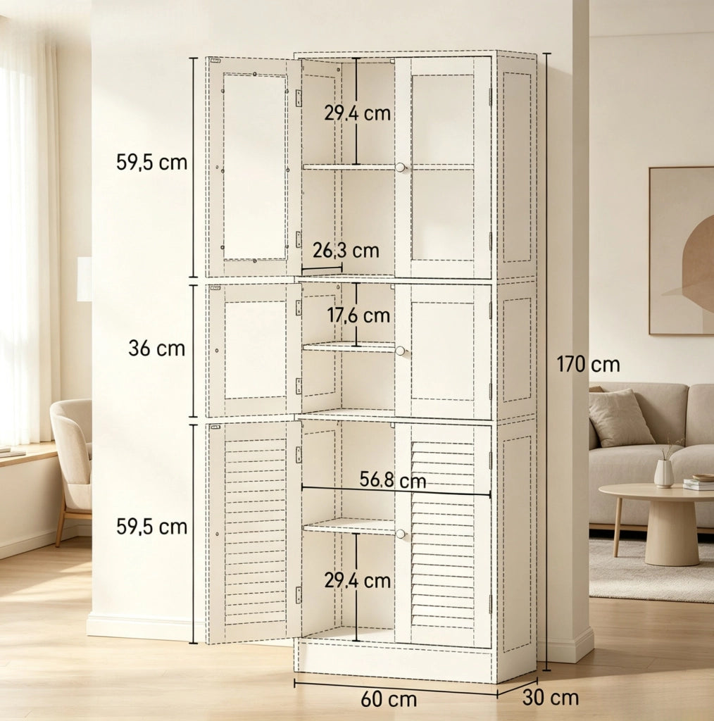 ARMADIO Bagno Alto 60x30x170 cm MDF Bianco con 6 Ante