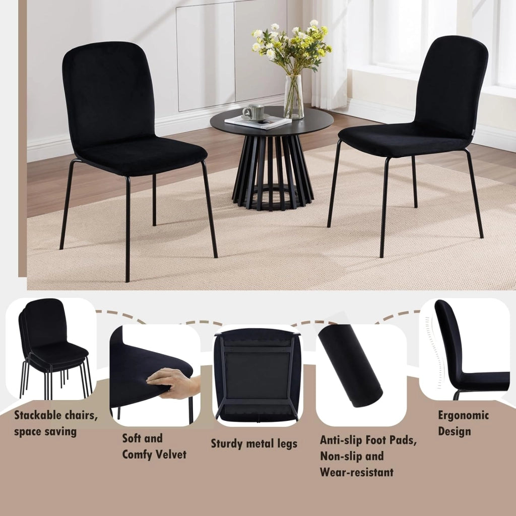 Sedie Sala da Pranzo 4 Pezzi, Sedie da Cucina, Sedie da Pranzo con Schienale, Senza Braccioli, per Soggiorno, Camera da Letto, in Velluto e Metallo, Nero, EZS41sz-4