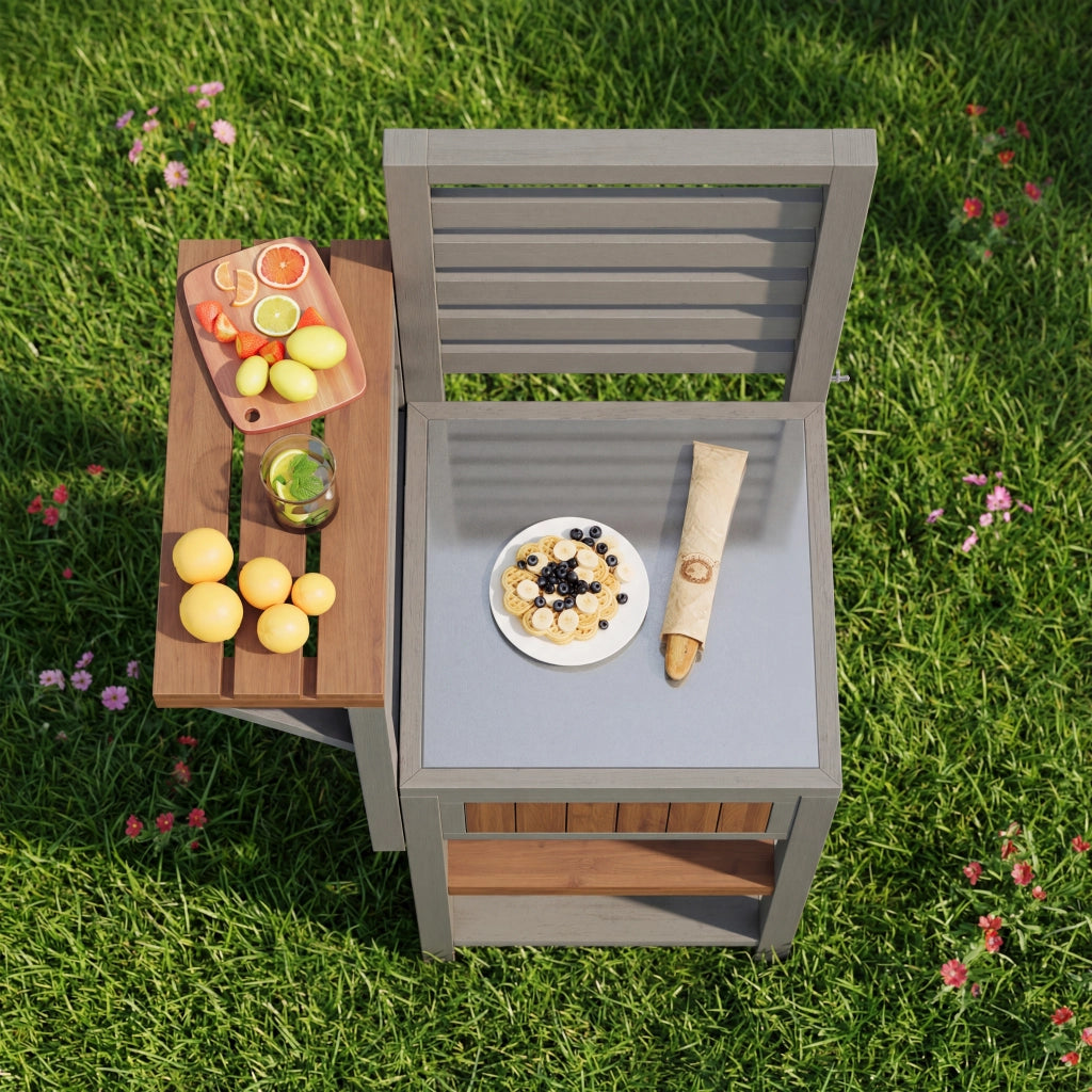 Armadio Da Giardino con Piano In Acciaio Inox e Doppio Ripiano Contenitore in Legno Massello Naturale 74 × 54 × 149 cm