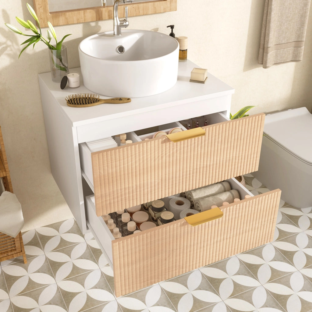 Mobile Bagno Sospeso 60 cm con Lavabo in Ceramica Rotondo e Cassetti Effetto Legno