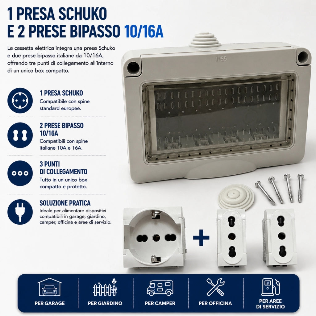 Cassetta Elettrica IP55 con Schuko e 2 Prese Bipasso 10/16A
