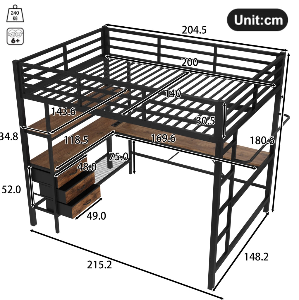 Letto a soppalco 140x200 cm; con scrivania e luci LED; metallo; nero (Senza materasso)